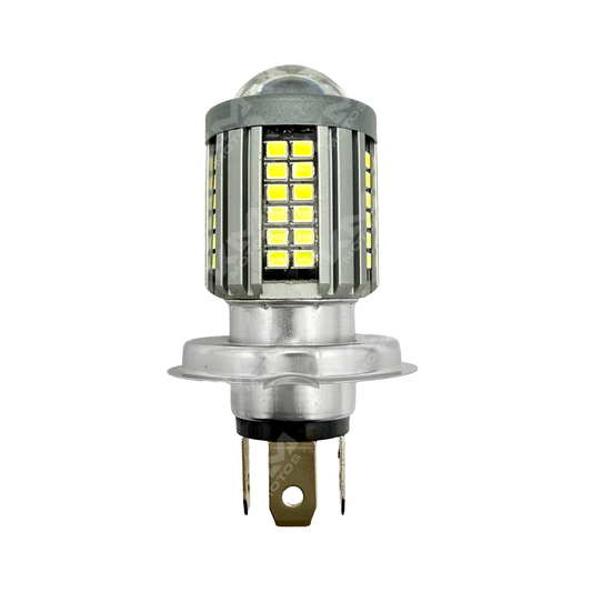 Luz LED H4 lupa de 5 lados blanca con flasheo de la marca KM Motos, ideal para mejorar la visibilidad en motocicletas.