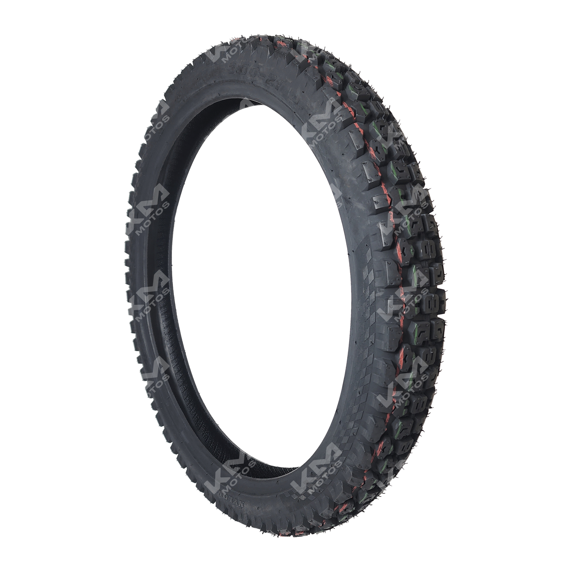 Llanta semitraactora KM Motos 3.00-21 6PR con banda de rodadura y estructura resistente para maquinaria agrícola.