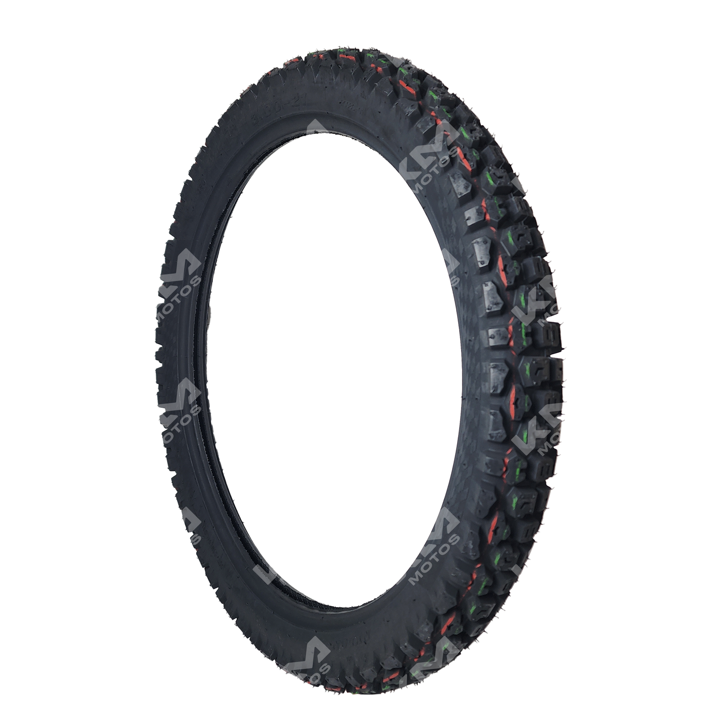 Llanta de tractor 3.00-21 6PR de la marca KM Motos, con banda de rodadura y estructura resistente visible en la imagen.