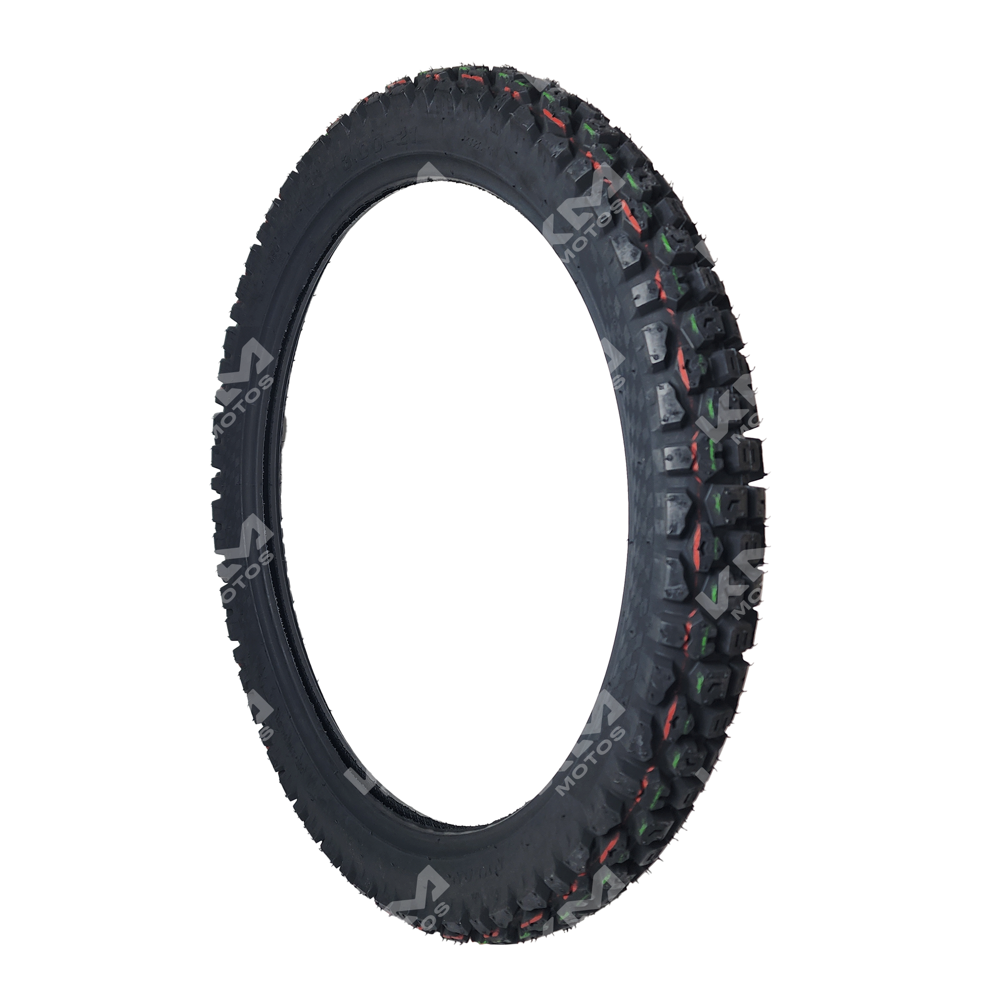 Llanta de tractor 3.00-21 6PR de la marca KM Motos, con banda de rodadura y estructura resistente visible en la imagen.