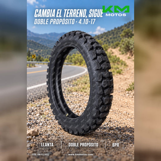 Llantas KM Motos 4.10-17 6PR de doble propósito, neumático robusto para motocicletas y uso todo terreno.