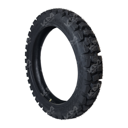 Llanta doble propósito 4.10-17 6PR de KM Motos, neumático resistente para diferentes terrenos, vista de perfil y banda de rodadura