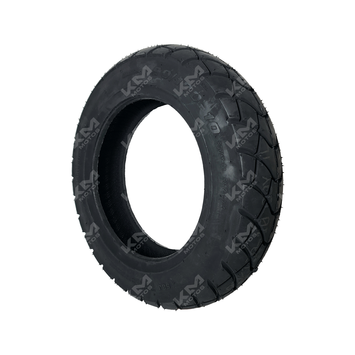 Llanta KM Motos 90/100-10 6PR lisa, neumático resistente para motos, con banda de rodadura lisa y estructura duradera.