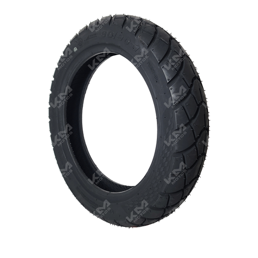 Llanta 90/90-12 6PR para scooter, marca KM Motos, con banda de rodadura lisa y diseño resistente para motoneta.