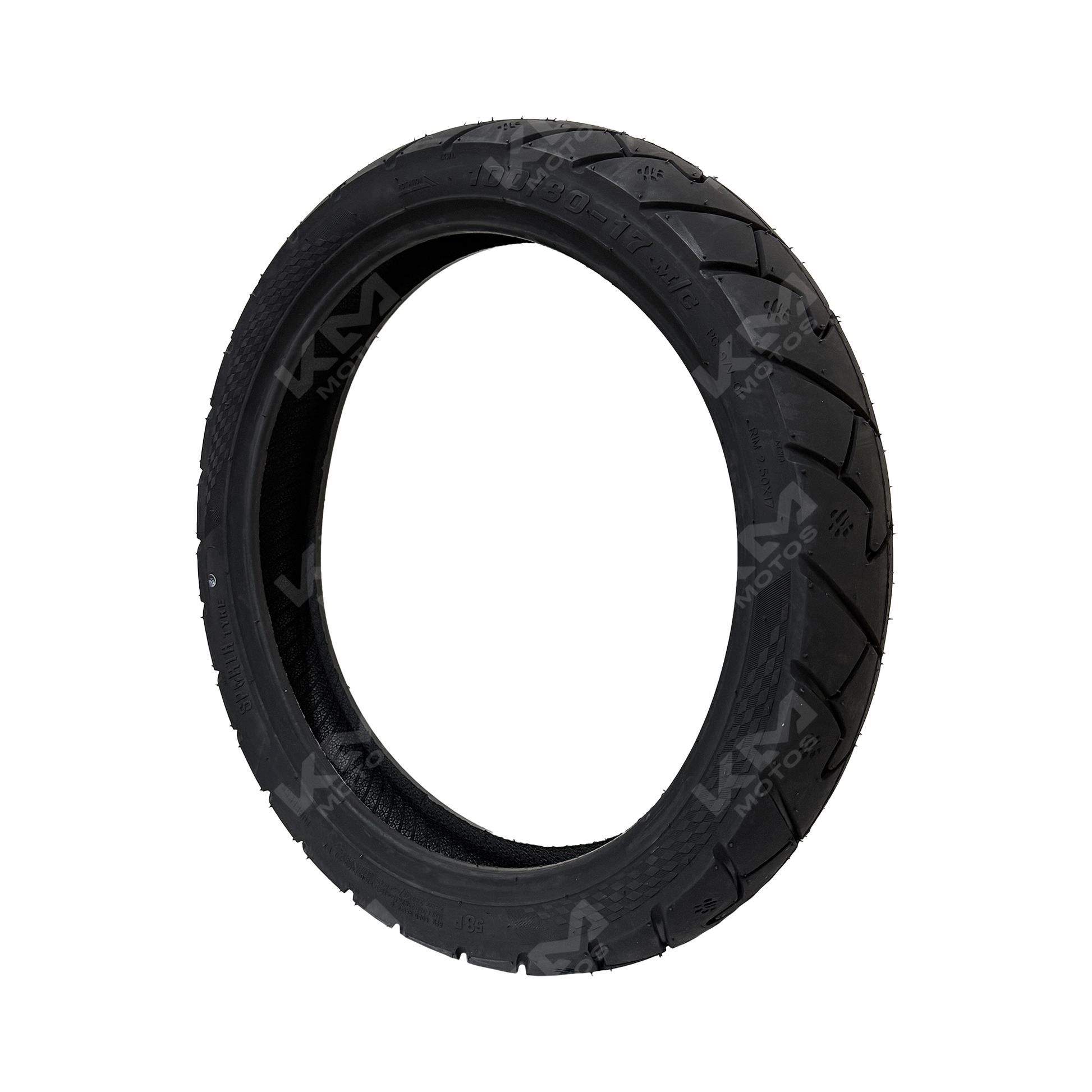 Llanta trasera 100/80-17 lisa 6PR para motocicleta, marca KM Motos, con banda de rodadura lisa y estructura resistente.