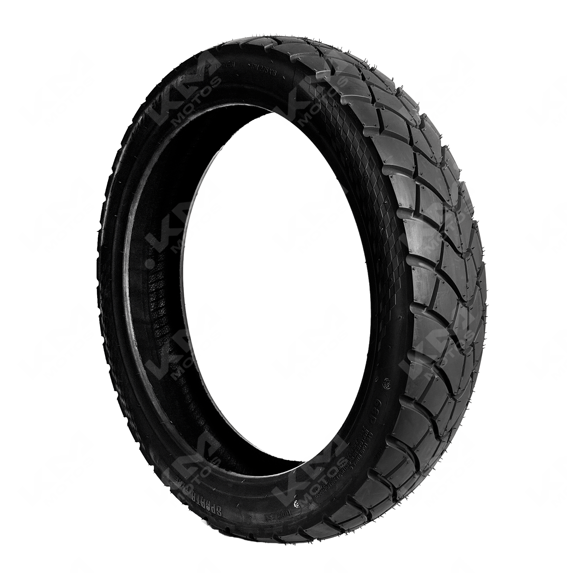 Llanta trasera doble propósito KM Motos 120/80-18, neumático de perfil alto para motocicleta, con estructura robusta y diseño duradero.