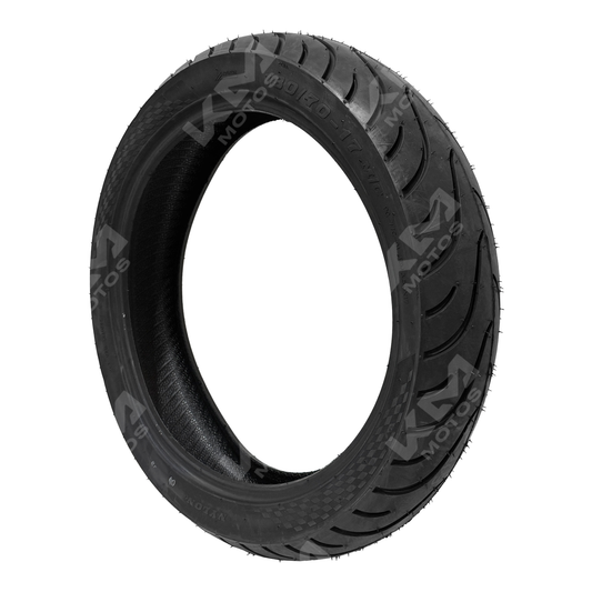 Llanta trasera lisa 130/70-17 KM Motos, neumático 6PR para motocicleta con banda de rodadura lisa y estructura resistente.