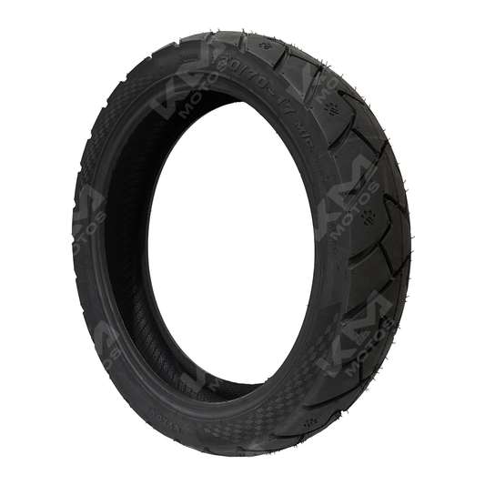 Llanta trasera 130/70-17 lisa 6PR KM Motos para motocicleta, vista en imagen con perfil y perfil liso