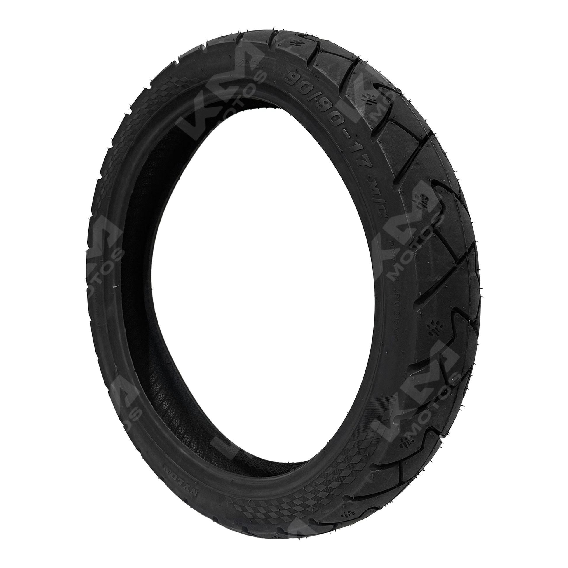 Llanta de motocicleta KM Motos 90/90-17 Lisa 6PR PG97V TL con banda de rodadura lisa y estructura resistente.