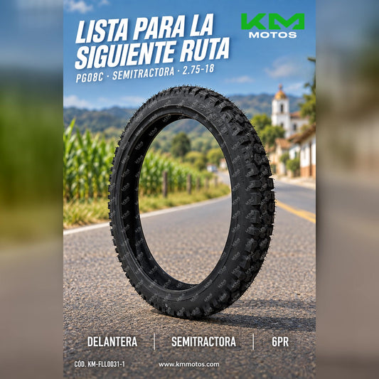 Llanta delantera 2.75-18 para tractor semitractor, marca KM Motos, con estructura de 6PR y banda de rodadura resistente.