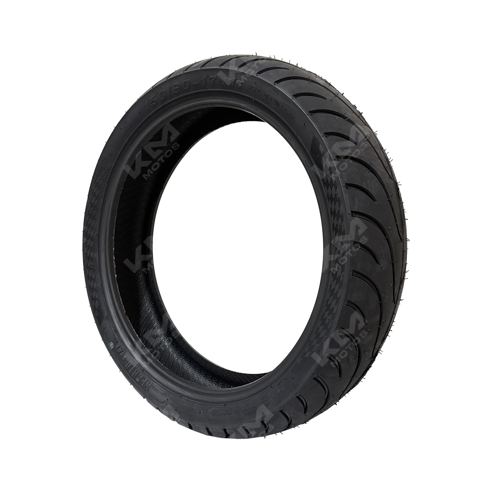 Llanta trasera de motocicleta KM Motos 150/60-17 lisa, 6PR, para neumático tubeless PG77C en vista lateral.
