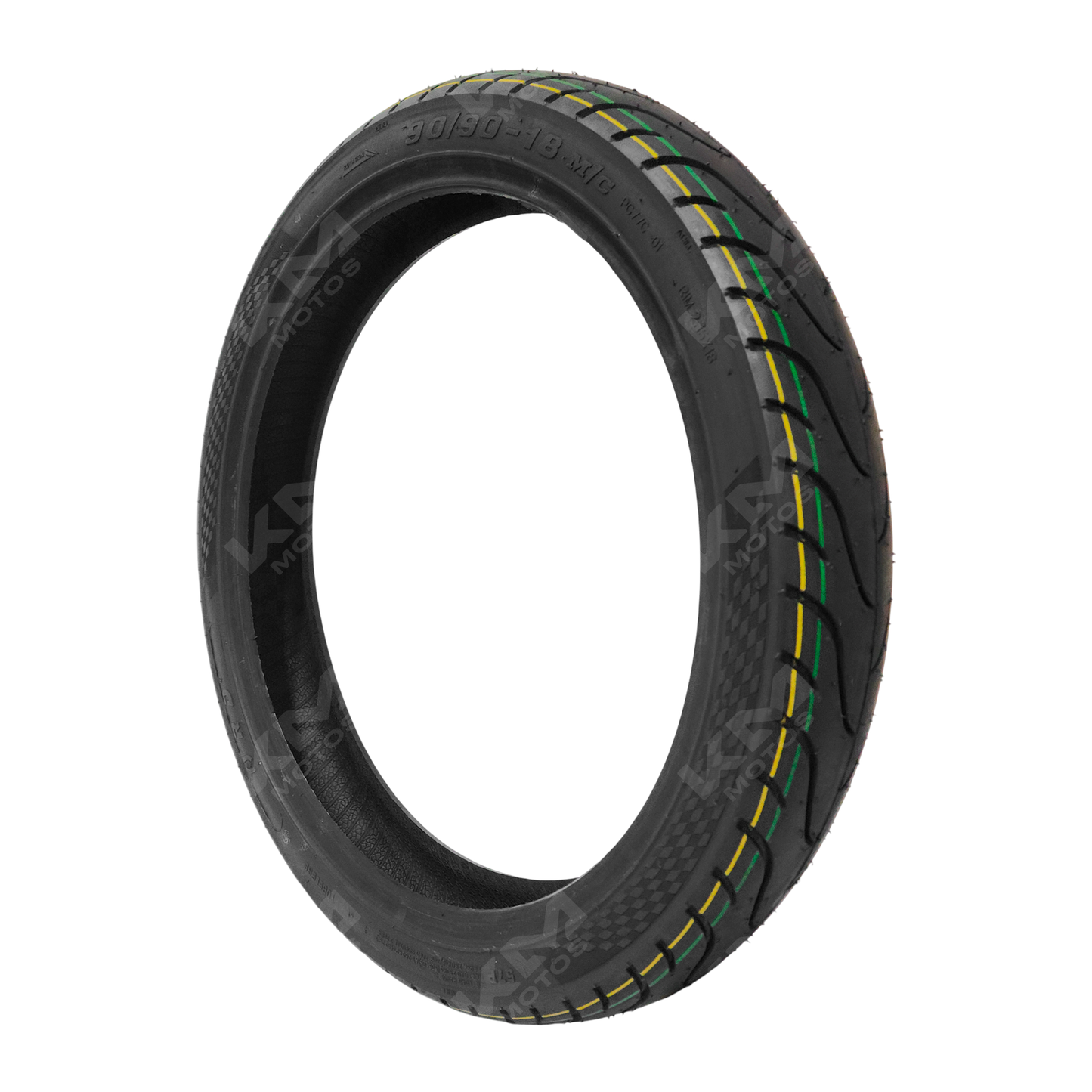 Llanta trasera 90/90-18 lisa, 6PR, para motos, marca KM Motos, con banda de rodadura lisa y estructura robusta.