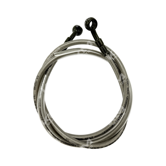Manguera de freno KM Motos GXT/KMF, flexible y resistente, con conectores metálicos para sistemas de freno de motocicleta.