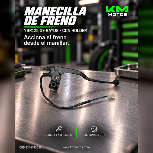 Manecilla de freno yrayos para YBR125 de KM Motos con soporte, en imagen mostrando detalles y acabado en metal.