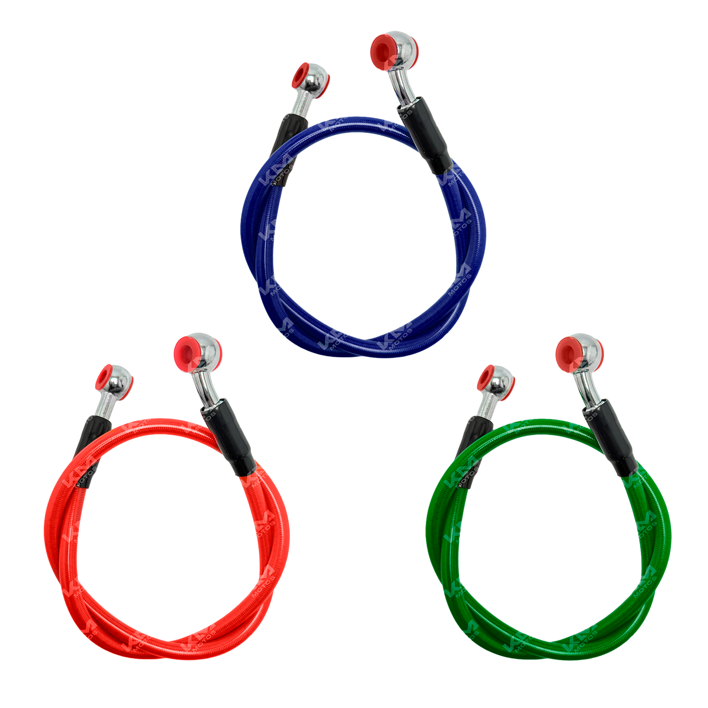 Manguera de freno de lujo color de 100 cm de la marca KM Motos, muestra la manguera flexible y resistente para motocicletas.