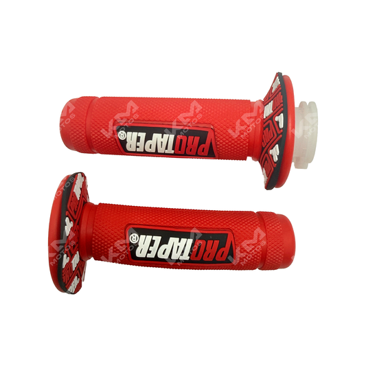 Puños PEPES PROTAPER rojos sólidos con detalles en hueso, compatibles con motos KM Motos, en imagen con fondo blanco.