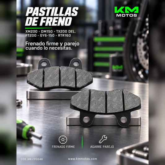Pastilla de freno KM Motos XM200 y DM150, resistente y eficiente, muestra la superficie de fricción en la imagen.
