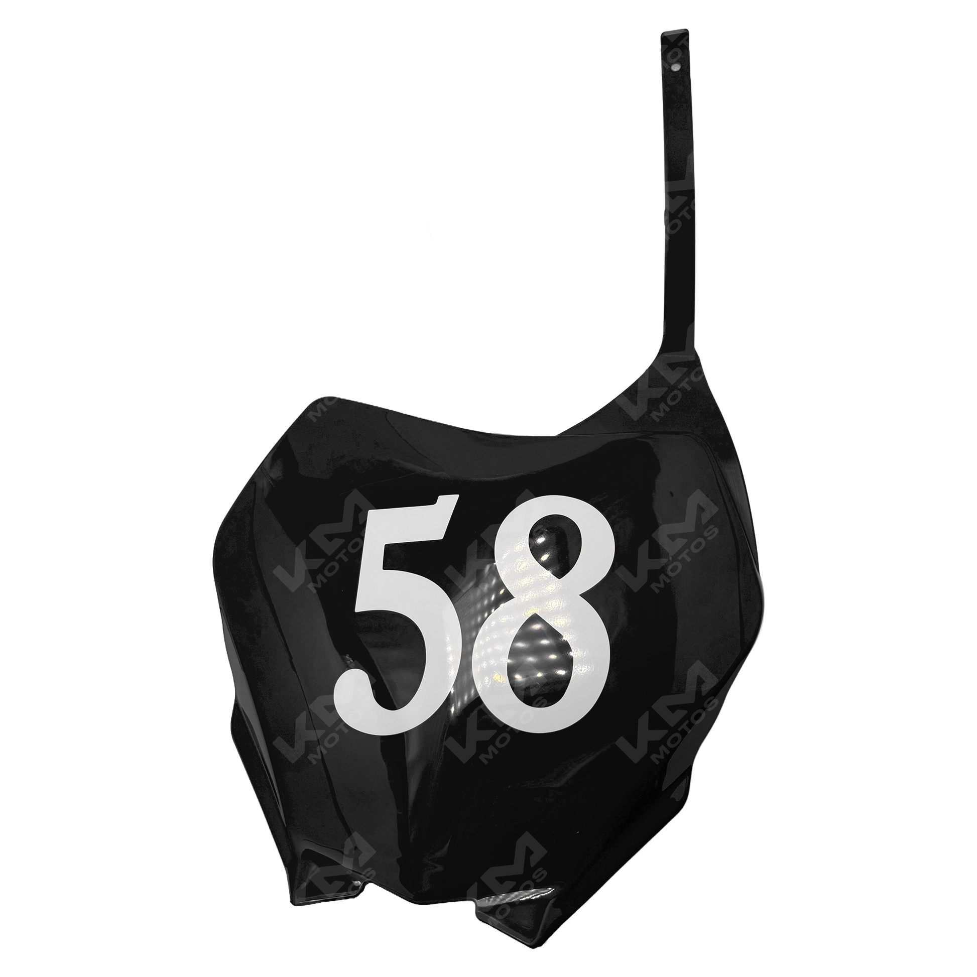Soporte para número universal Core negro de KM Motos, diseñado para motocicletas, con acabado en negro y estructura resistente.