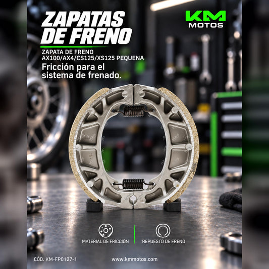 Zapata de freno KM Motos AX100, AX4, CS125, XS125, porta fricción, pieza de motocicleta pequeña en imagen.