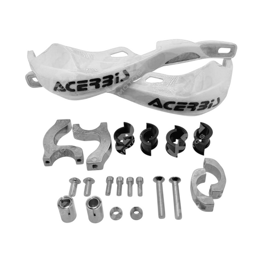 Protector de mano de metal Acerbis blanco para puño, resistente y duradero, diseñado para protección en motocicletas.