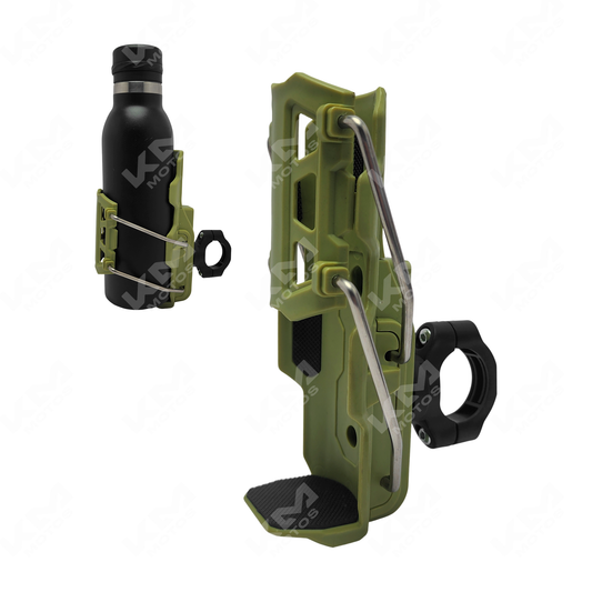 Soporte porta vaso universal para moto KM Motos, compacto y resistente, con diseño práctico para motociclistas.