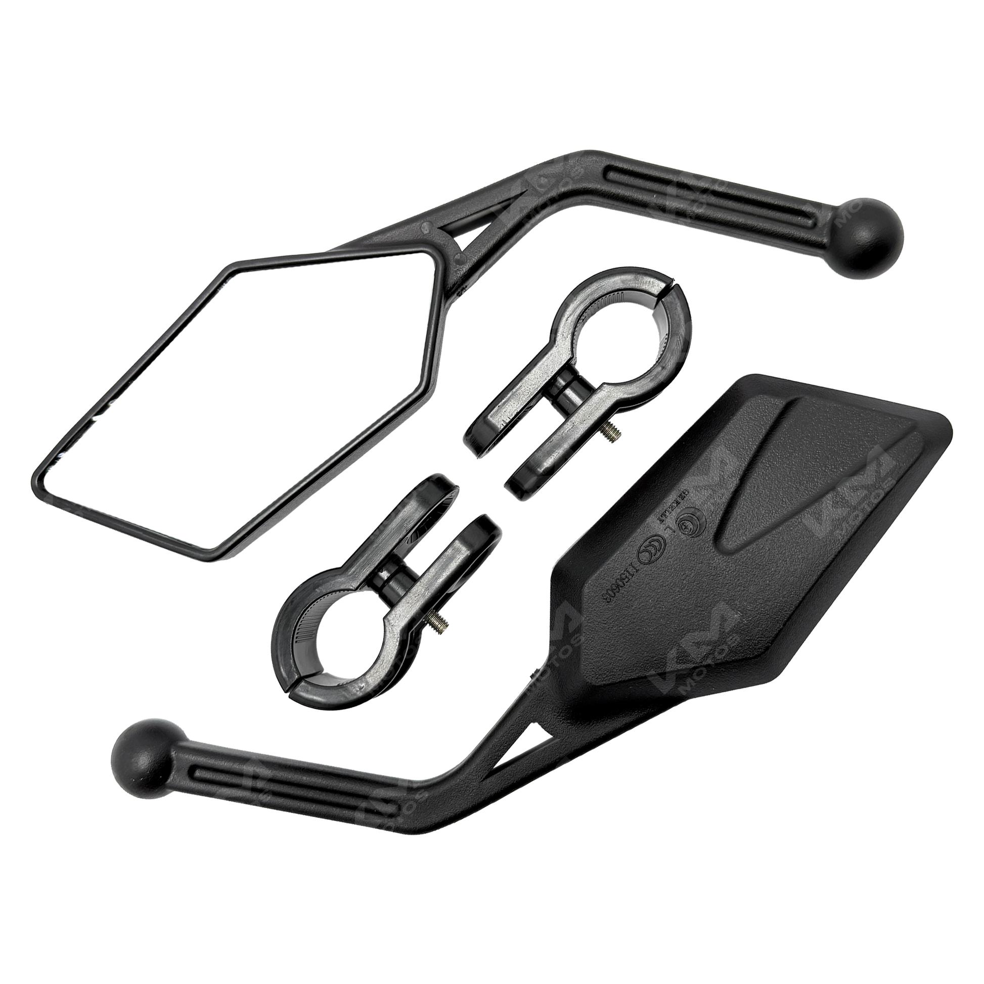 Espejo retrovisor fantasma para motocicleta de la marca KM Motos, con diseño único y acabado en negro.