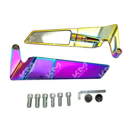 Retrovisor alerón grande Tornasol de KM Motos, diseño aerodinámico y acabado en color tornasol para motocicletas.
