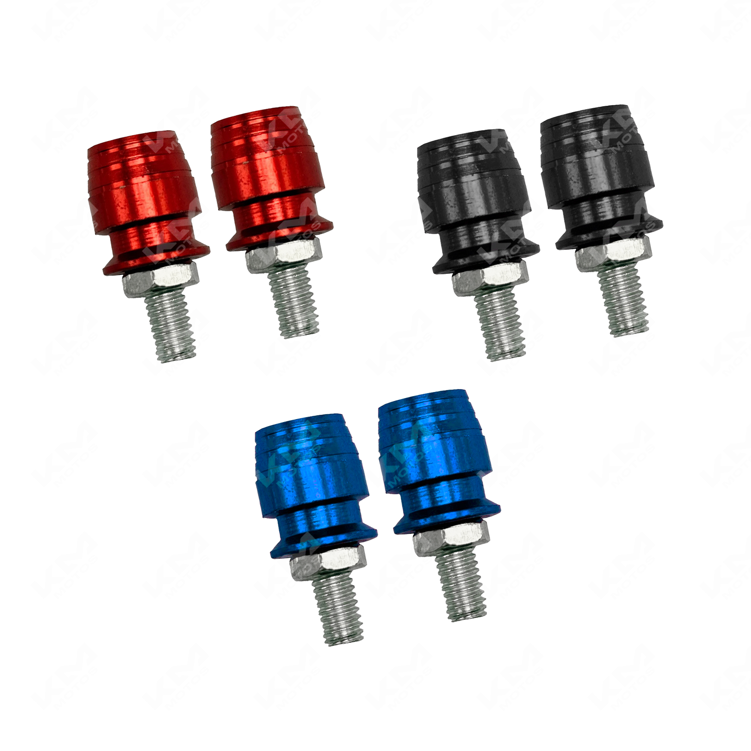 Tornillo para placa de color negro, rojo y azul de la marca KMMOTOSHN, con cabeza y rosca visibles para fijación.
