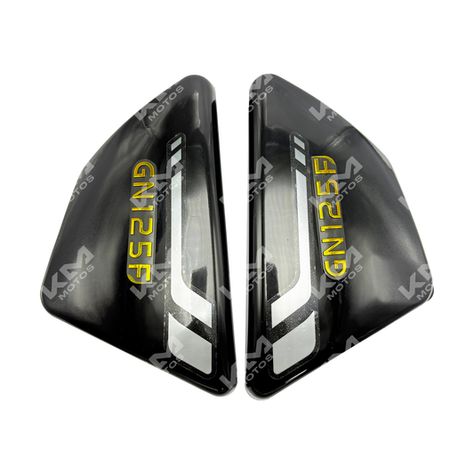 Tapaderas laterales negras para GN125F de KM Motos, protección y acabado en piezas de motocicleta.