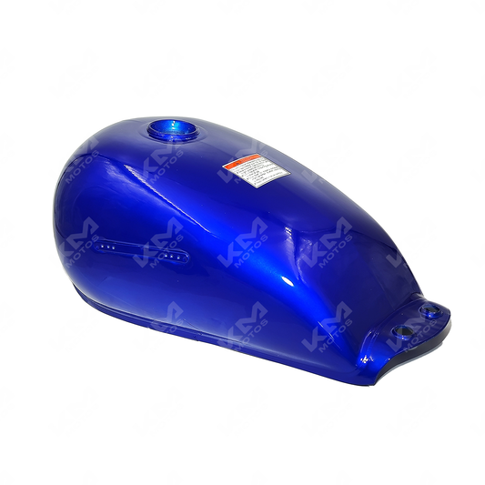 Tanque de motocicleta azul KMMOTOSHN GN125, vista de frente con detalles del diseño y acabado brillante.