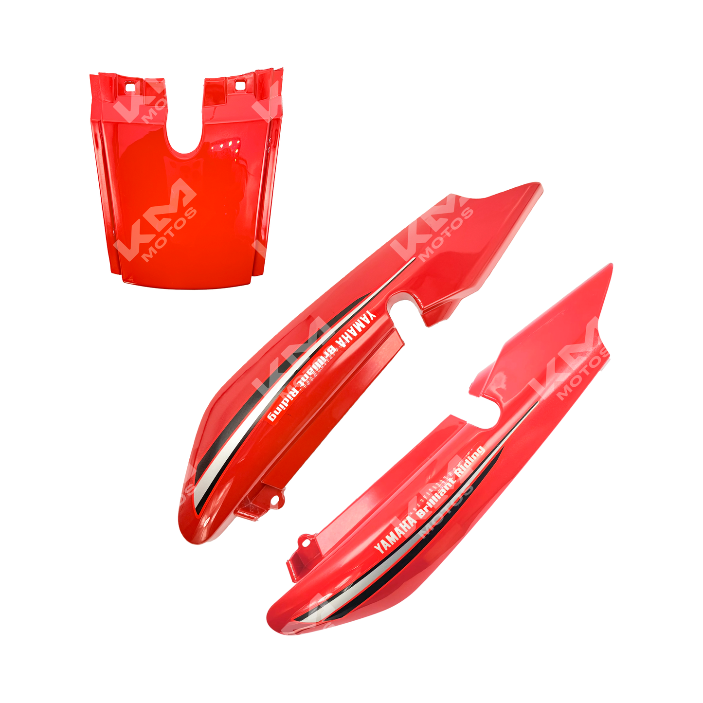 Cola roja para YBR125 de KMS, parte trasera de la motocicleta con acabado brillante y detalles en rojo y negro.