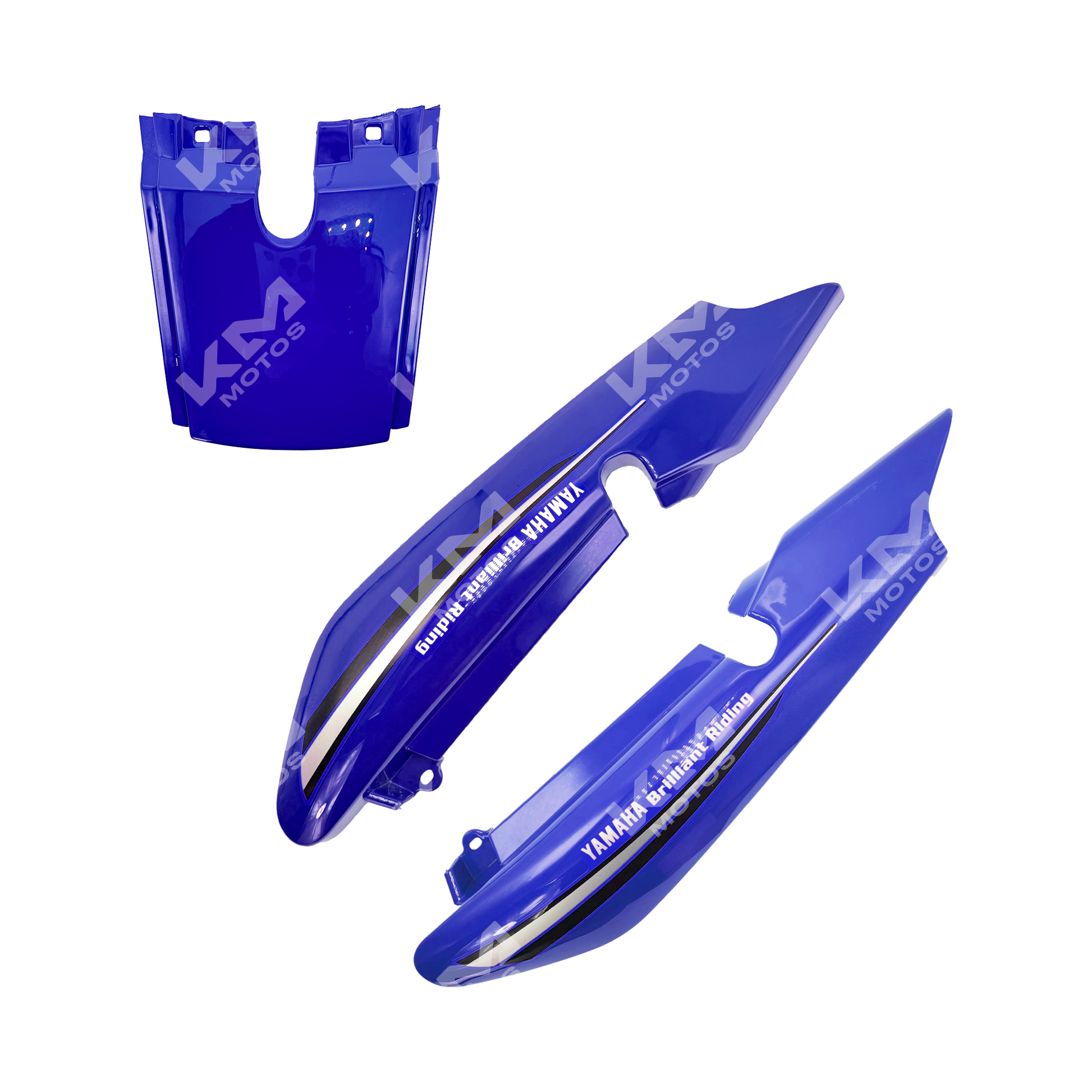 Cuerpo de cola azul para YBR125 de KMS, parte trasera de la motocicleta con acabado en azul brillante y logotipo de KMS.