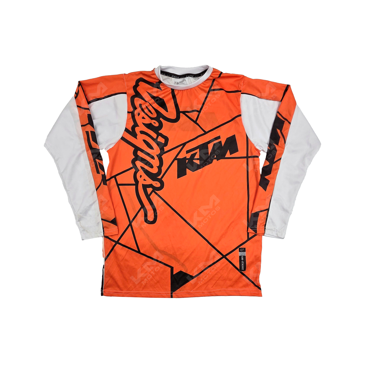 Camiseta deportiva KTM en blanco y naranja de KM Motos, con diseño KTM, talla M, para actividades físicas y uso casual.