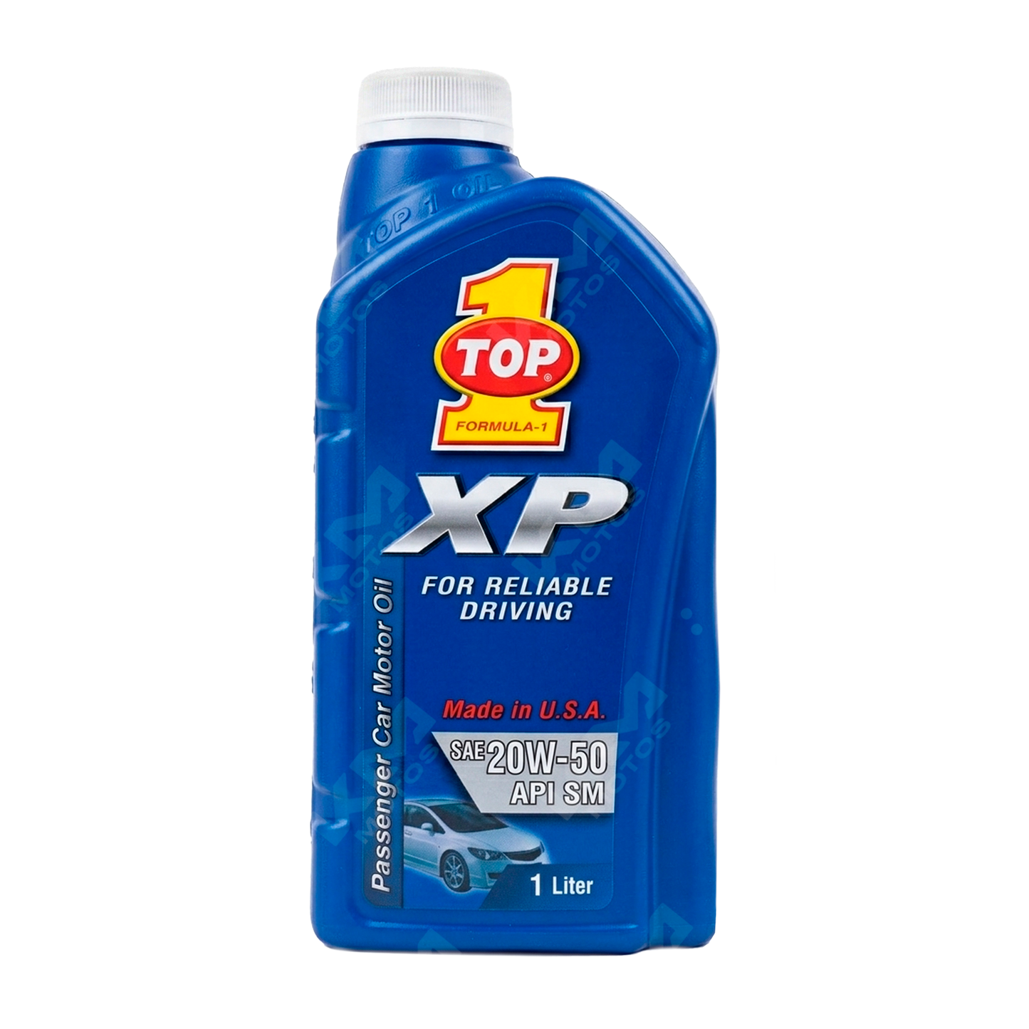 Aceite motor KM Motos Top One XP 20W50 en envase de 1/4 de cuarto, adecuado para gasolina, con etiqueta visible.