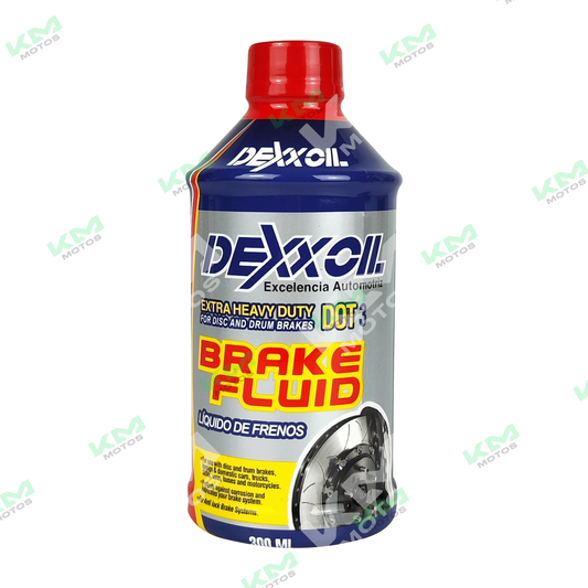 Liquido de freno Dexxoil de 300ml de KM Motos, freno hidráulico en envase con etiqueta y tapón.