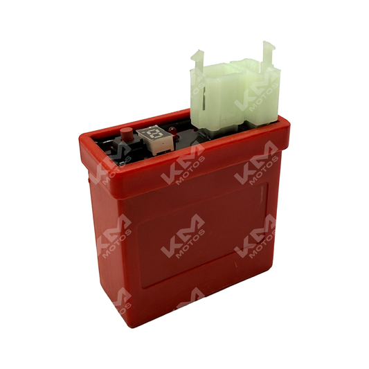 Regulador CDI ajustable de 9 mapas para motocicleta CG125 de KM Motos, con control de rendimiento y compatibilidad.