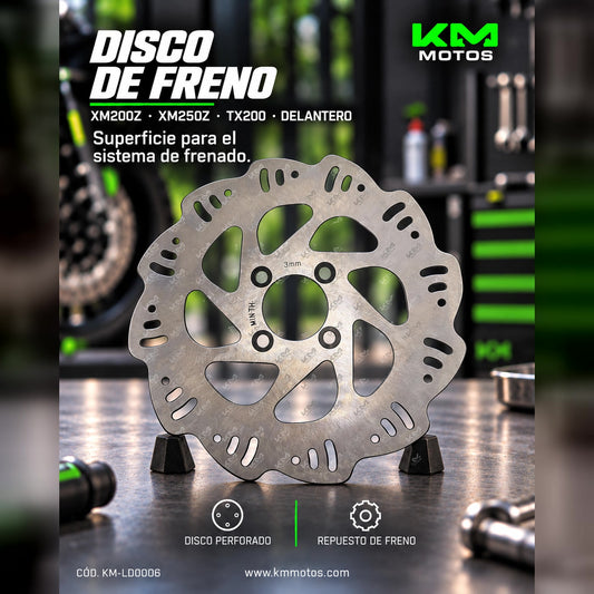 Disco de freno delantero KM Motos XM200Z, XM250Z, TX200 con superficie de fricción y ventilación visible.