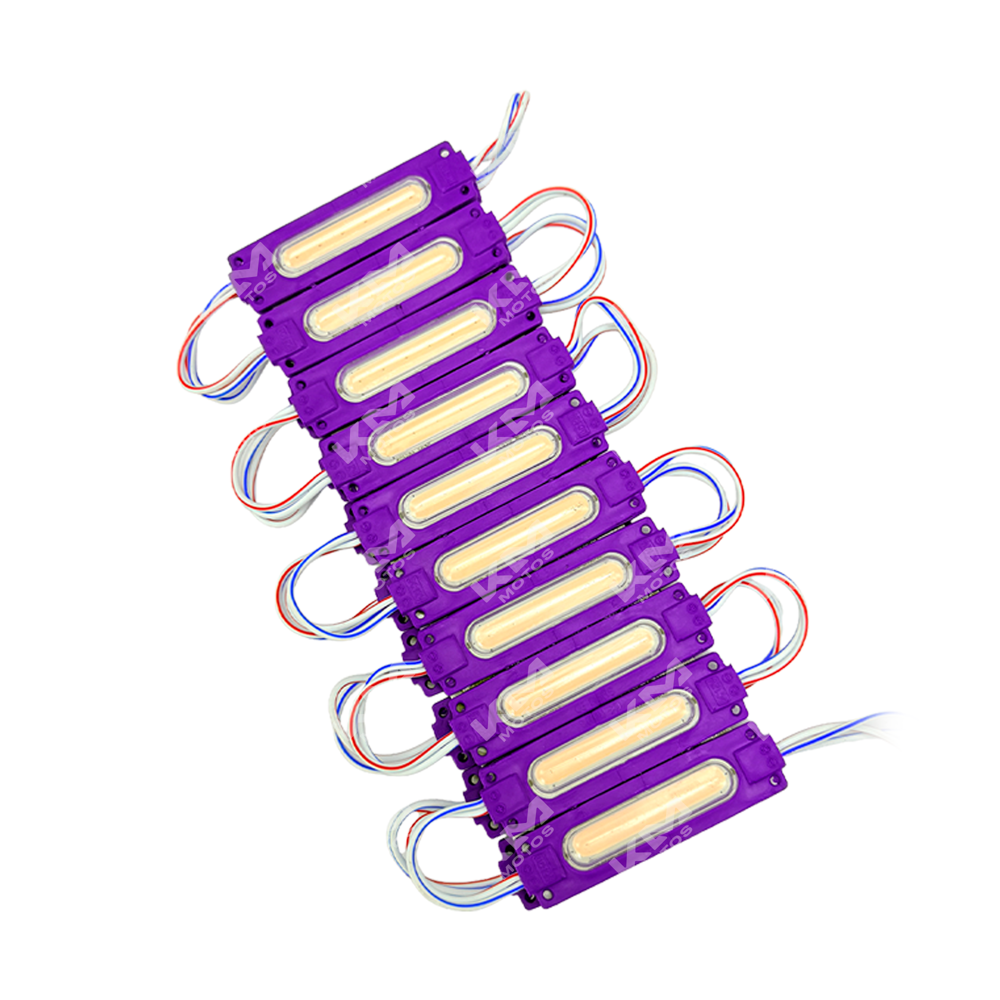 Luces LED modulares de gel morado de KM Motos, luces de alta calidad para motocicletas, con diseño compacto y moderno.