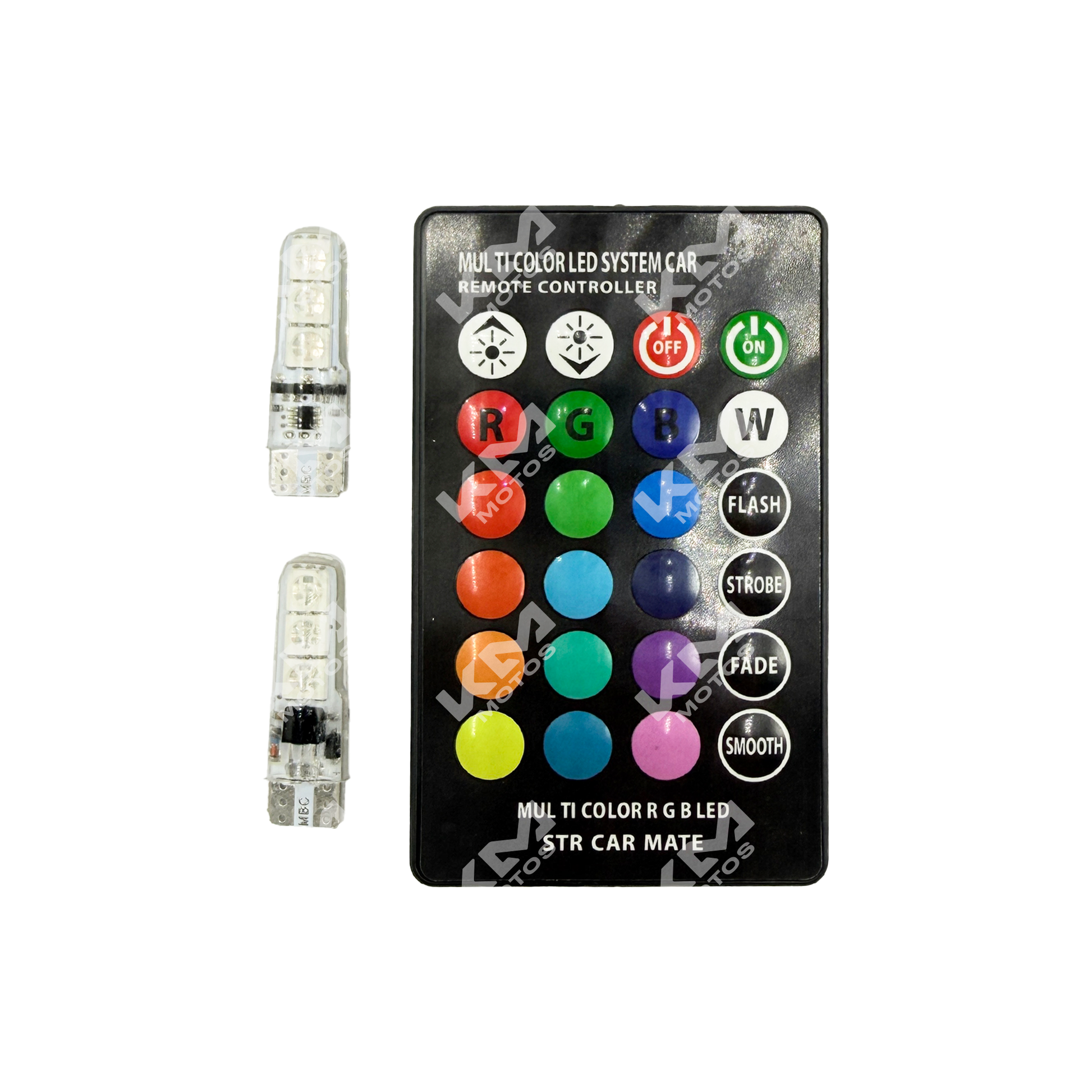 Muelitas T10 en colores con control de la marca KM Motos, diseñado para motocicletas, en imagen con varias piezas de colores.