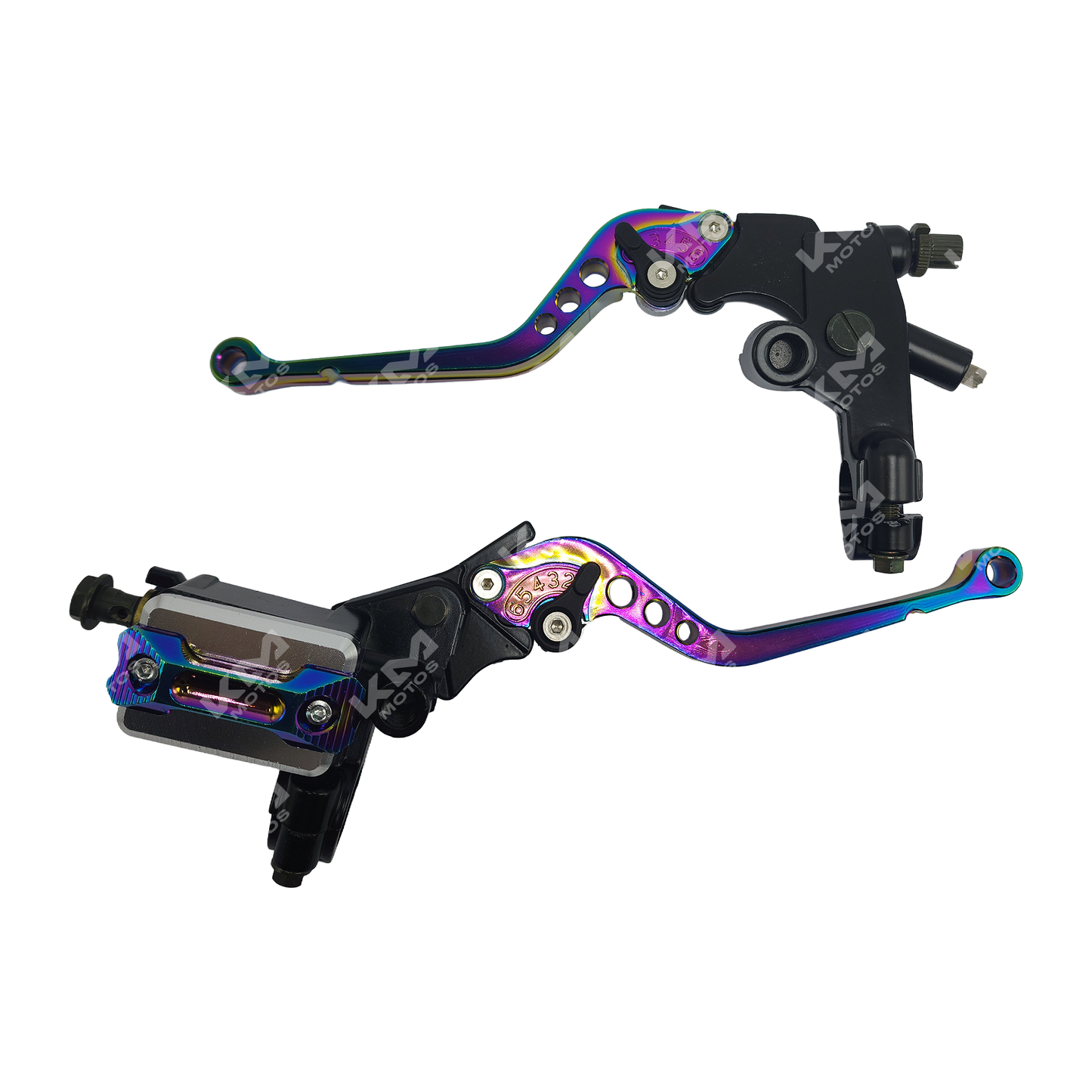 Manecillas racing de aluminio KM Motos con bomba, diseño aerodinámico y acabado en color aluminio para motocicletas deportivas.