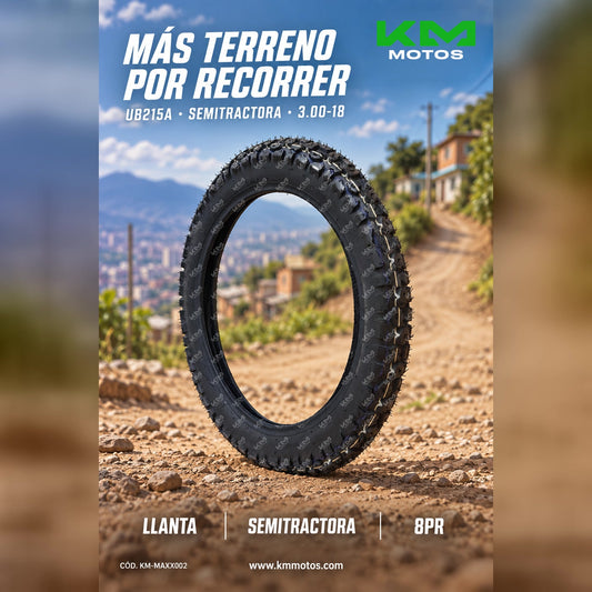 Llanta semitractora MAXXPRO 3.00-18 UB215A 8PR para maquinaria agrícola, en color negro con banda de rodadura visible