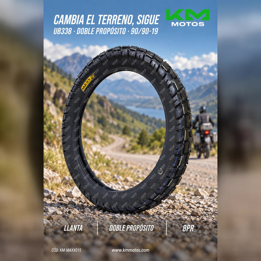 Llanta de moto MAXXPRO 90/90-19 doble propósito, resistente y duradera para uso en tierra y asfalto.