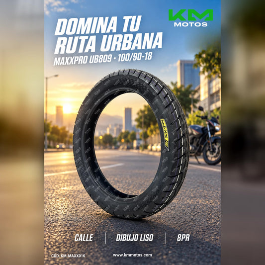 Llanta KM Motos 100/90-18 Lisa (Street) UB809 8PR, neumático para motocicleta, con banda lisa y estructura resistente