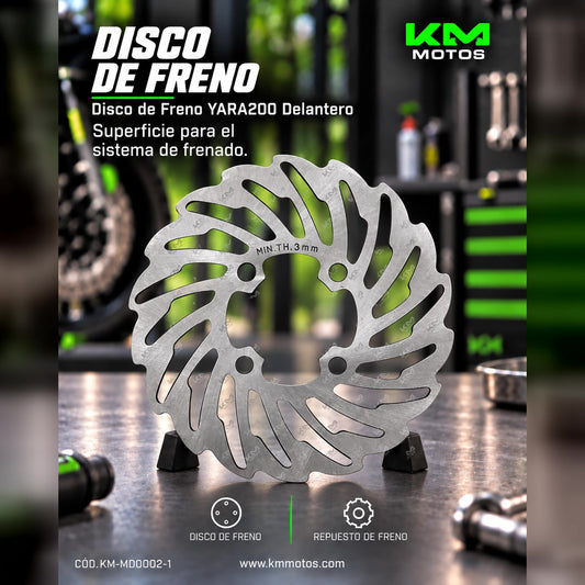 Disco de freno delantero YARA200 de marca Universal, visible en la imagen, con superficie metálica y orificios de ventilación
