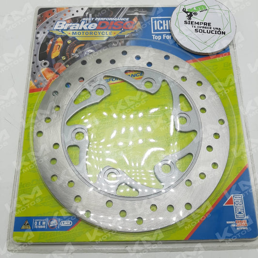 Disco de freno trasero Ltj para Duke200, en acabado metálico, mostrando la superficie de fricción y los orificios de montaje.
