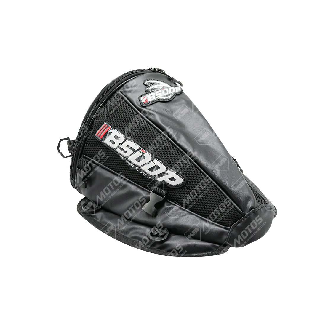 Bolso racing para parrilla viajero KM Motos, resistente y práctico para transportar objetos en viajes en moto.
