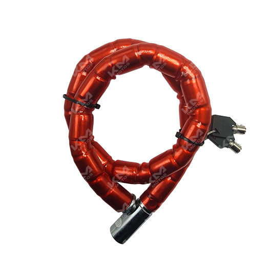 Candado grueso para casco en color rojo de la marca KM Motos, con cierre resistente y diseño robusto.