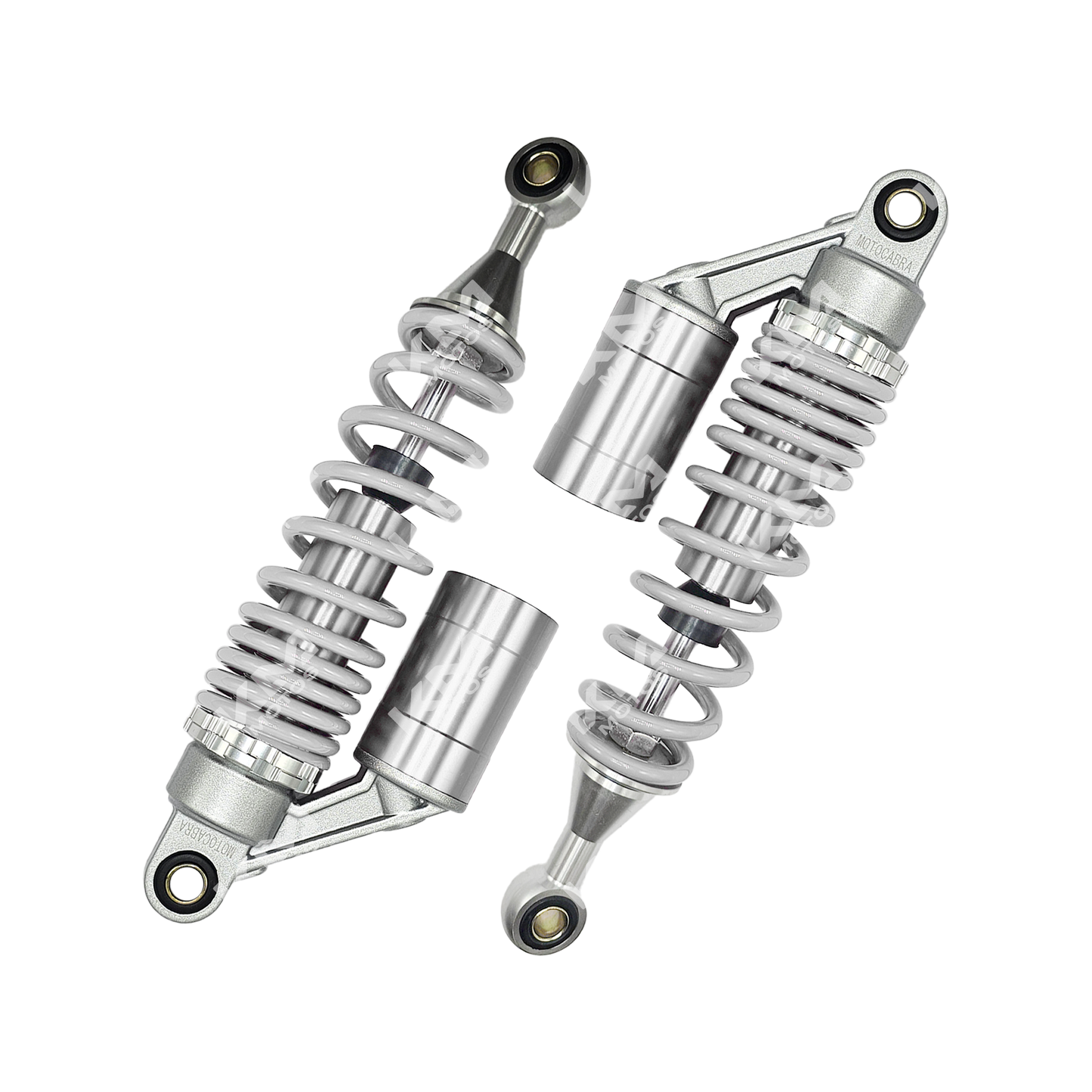 Amortiguador de gas universal de lujo cromado de la marca KM Motos, muestra detalles de acabado y estructura del amortiguador.