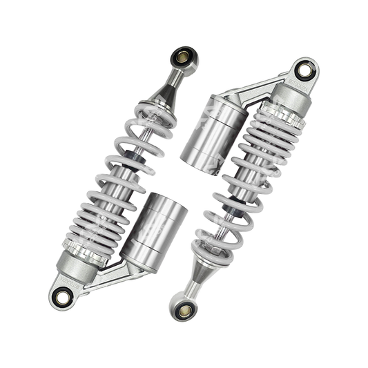 Amortiguador de gas universal de lujo cromado de la marca KM Motos, muestra detalles de acabado y estructura del amortiguador.