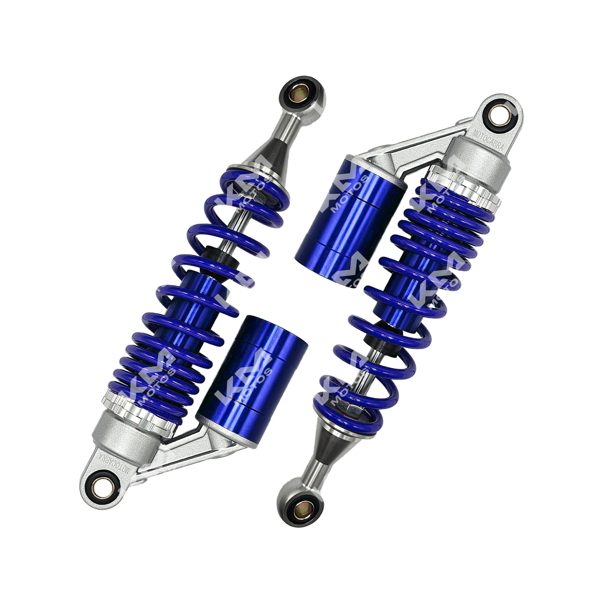 Amortiguador de gas universal azul de lujo de KM Motos, mostrando el resorte y el cuerpo del amortiguador.